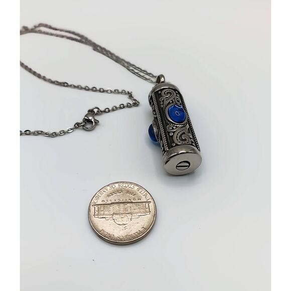 Stainless Steel Blue Glass Urn Necklace Keepsake Pendant 21" Chain - Picture 3 of 3